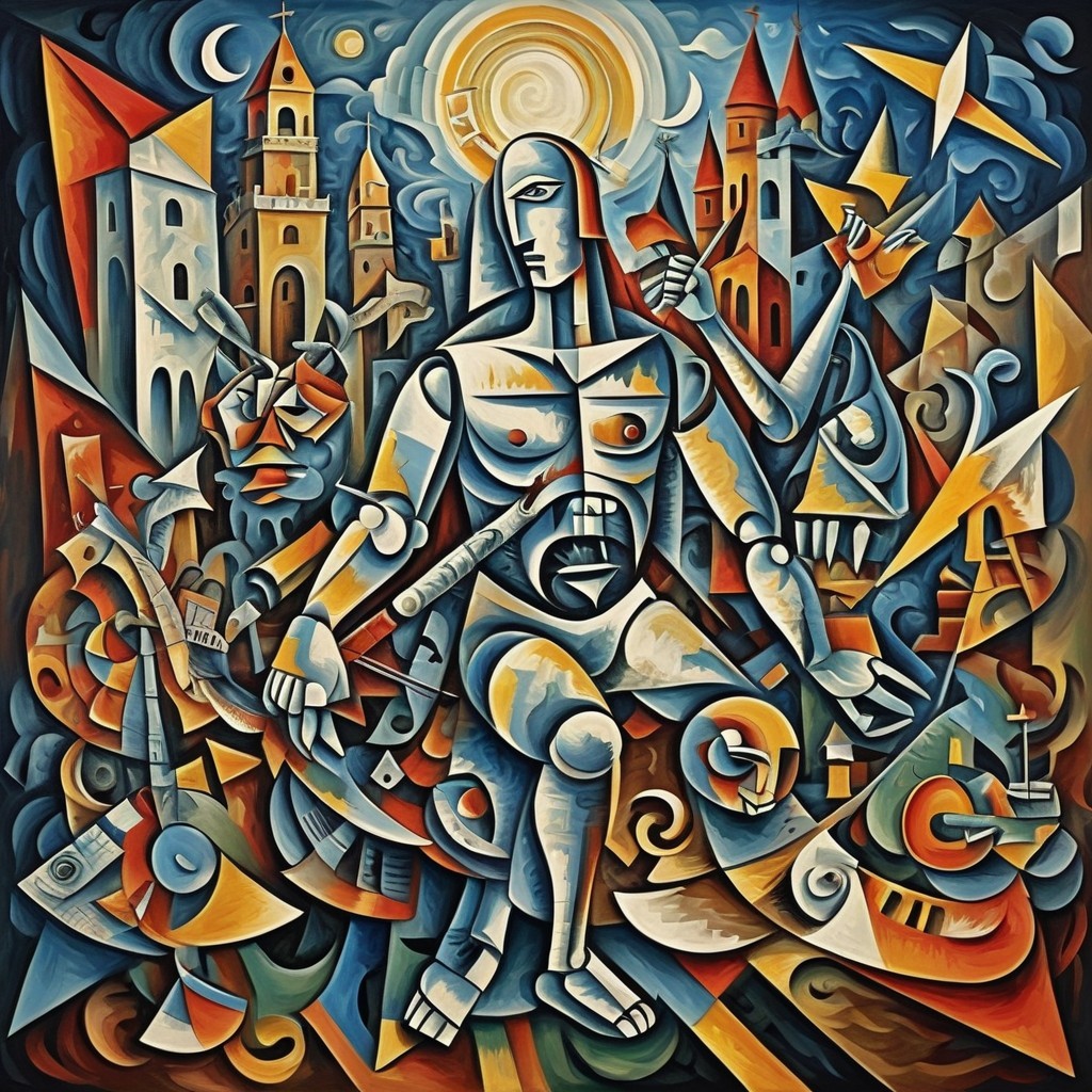 Vibrant Abstract Artwork with Central Figure and Chaos