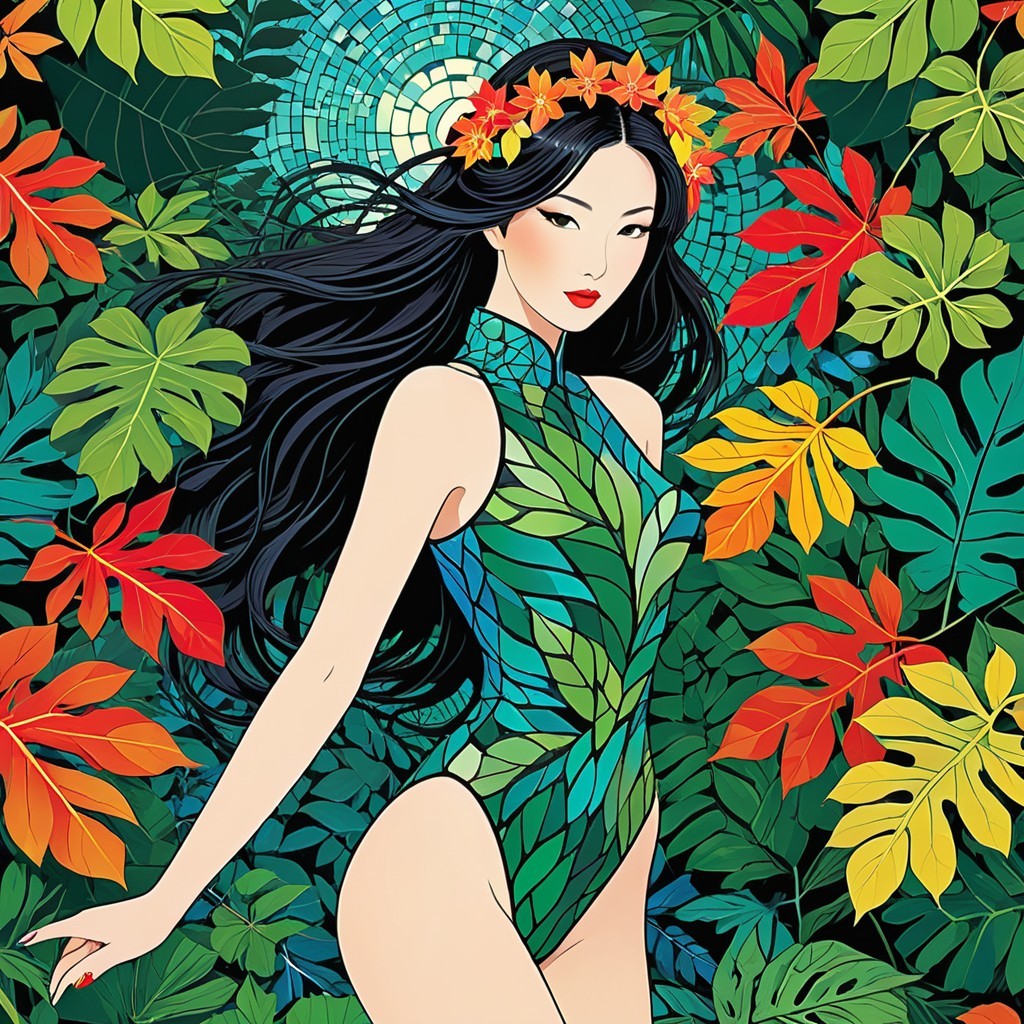 Woman in Leaf-Patterned Swimsuit in Tropical Setting