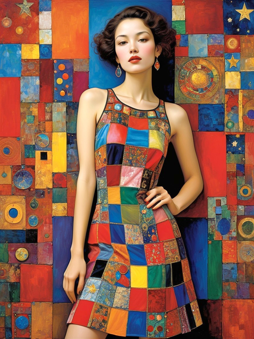 Confident Woman in Vibrant Patchwork Dress and Bold Colors