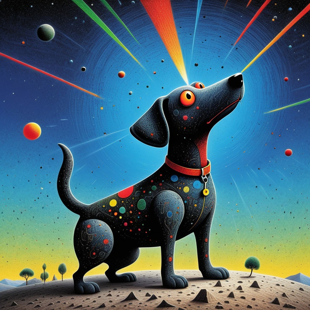 Whimsical Illustration of a Galaxy-Themed Black Dog