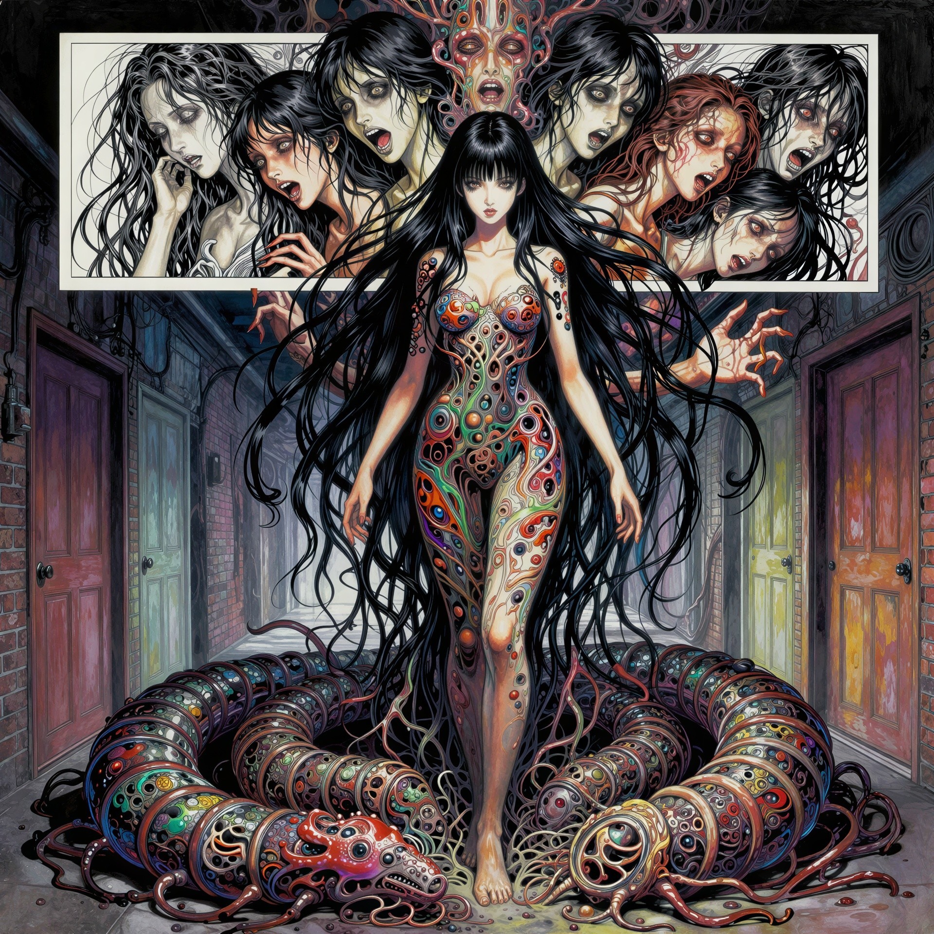 Gothic Woman with Tattoos and Cyborg Creature in Alley