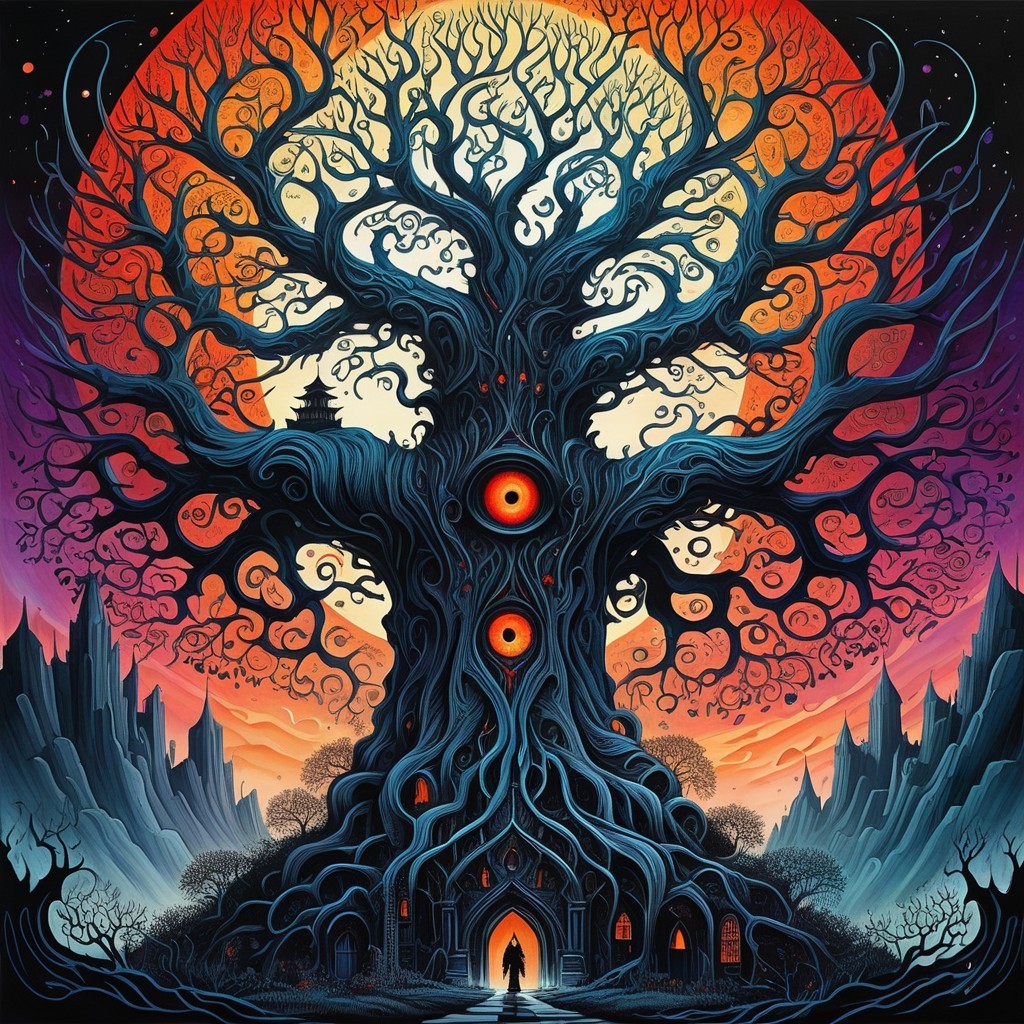 Intricate tree with watchful eyes and dark structure