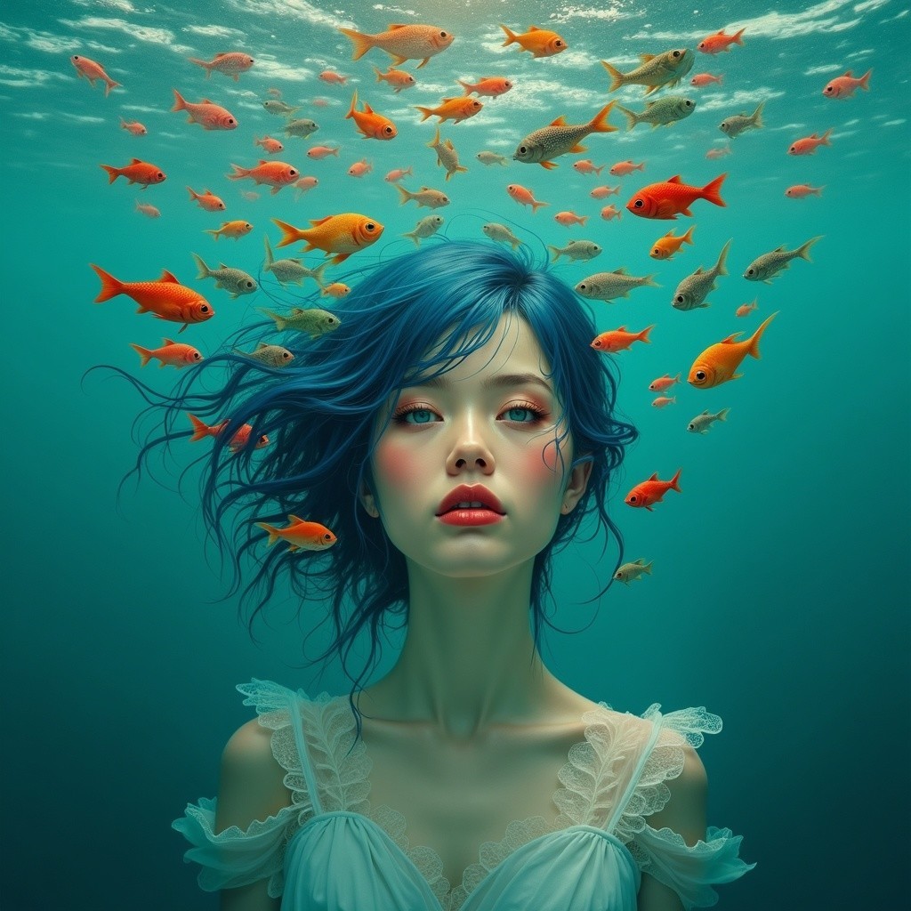 Young Woman with Blue Hair in Underwater Scene