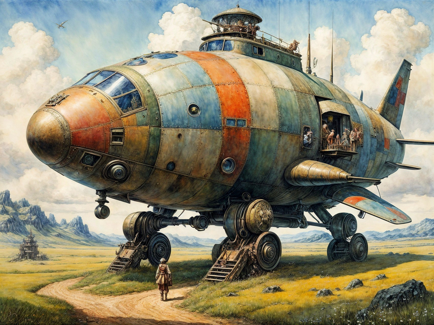 Retro-futuristic airship with steampunk design details