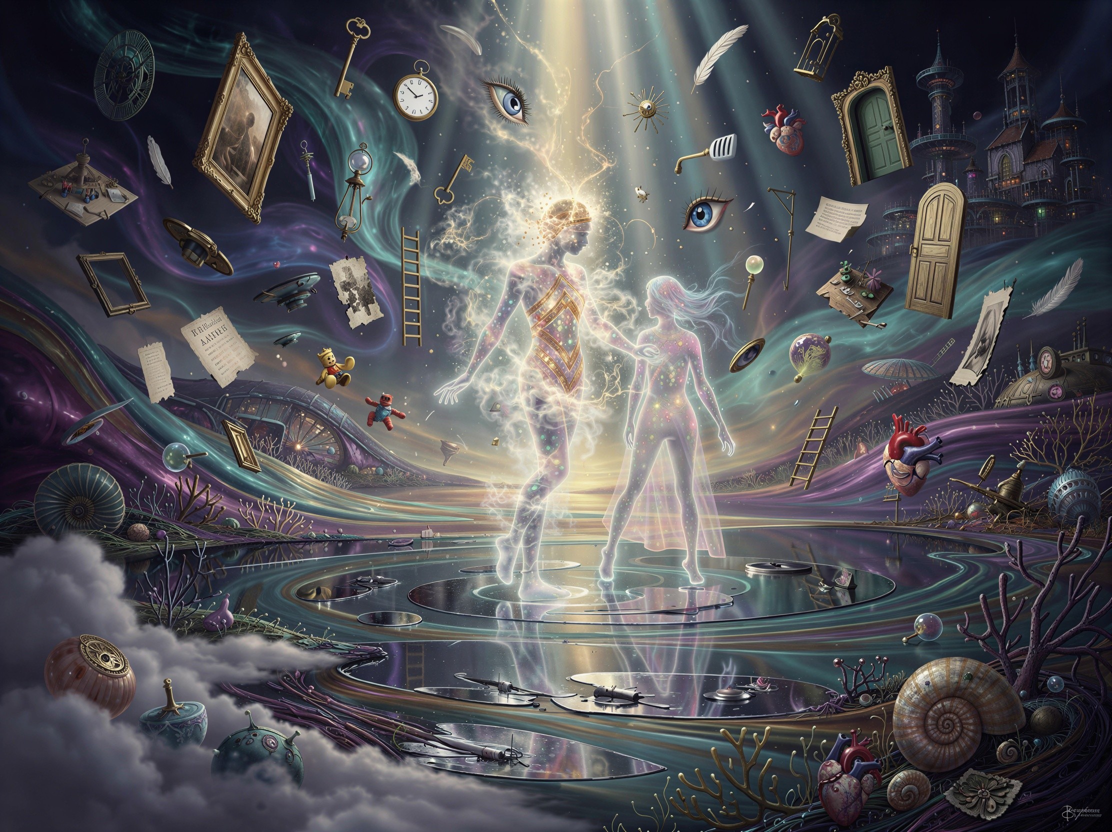 Translucent Glowing Figures in Mystical Landscape