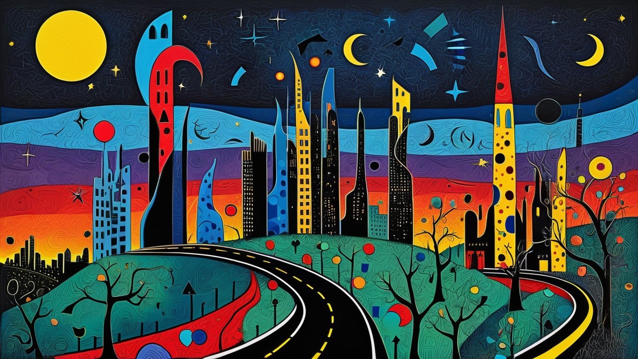Surreal Nighttime Cityscape with Colorful Structures
