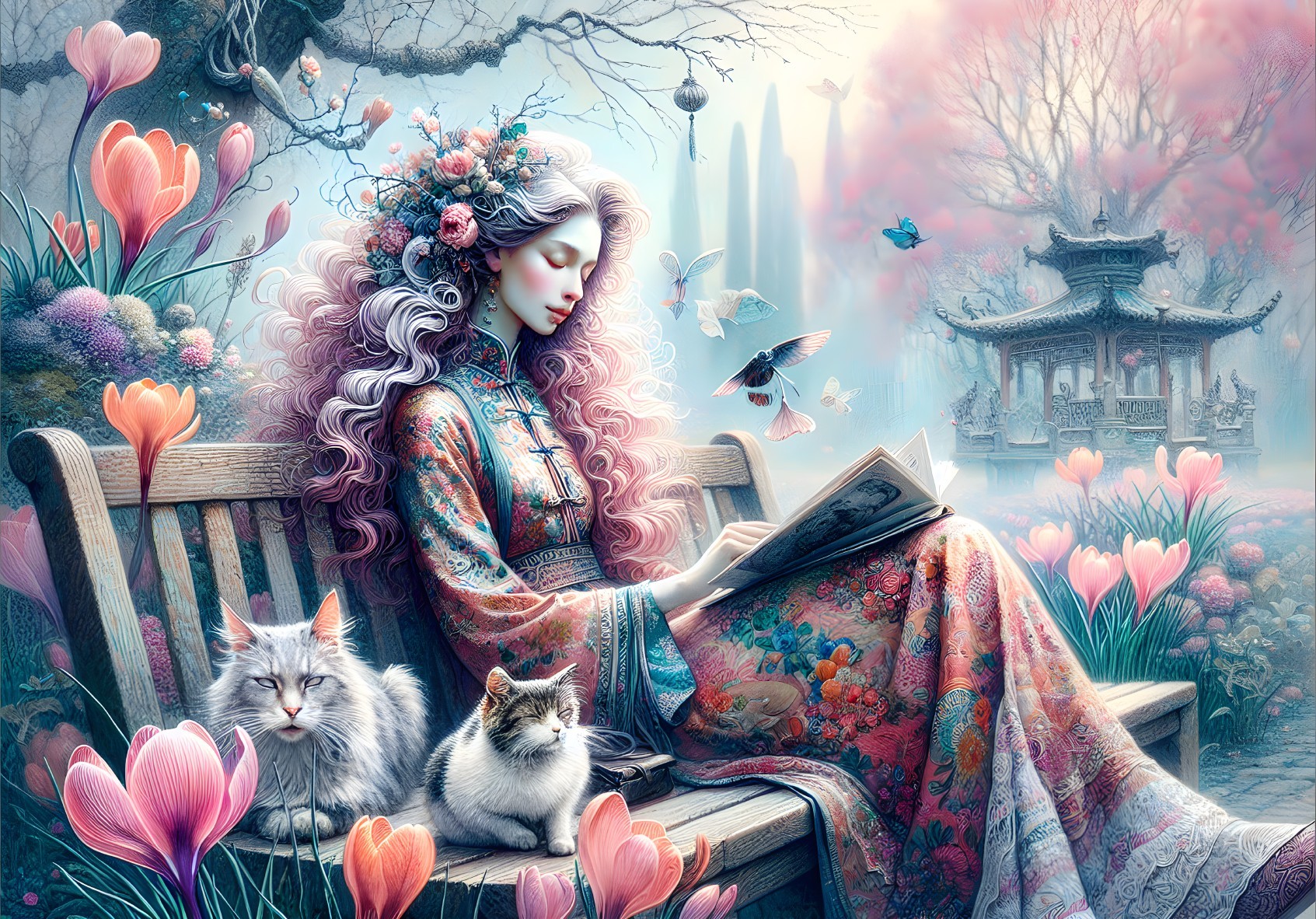 Woman in Colorful Dress Reading in Serene Garden