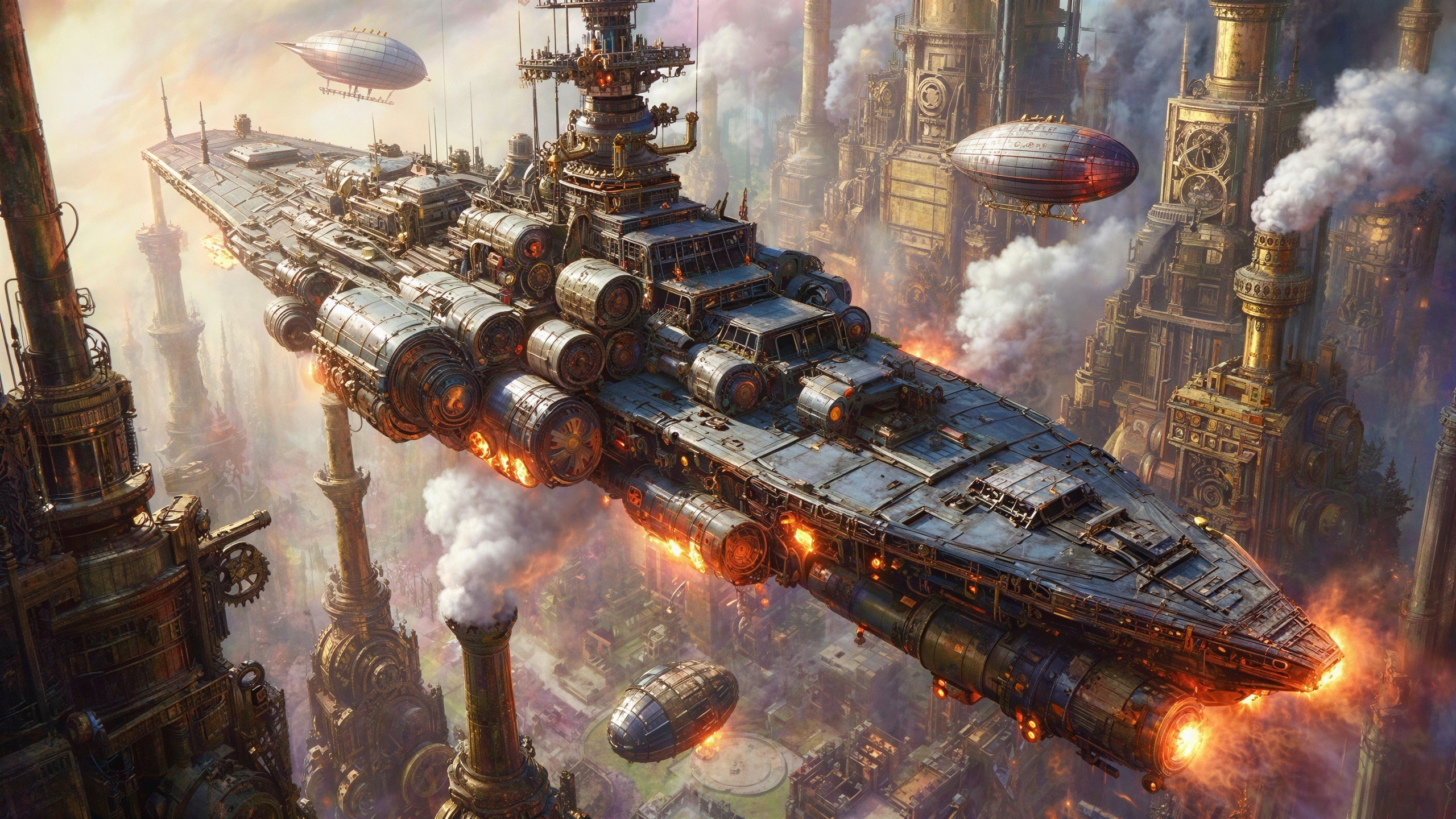 Steampunk Battleship Airship Over Industrial City