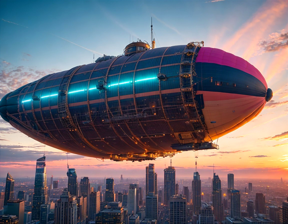 Futuristic Airship Over Sunset Cityscape with Skyscrapers