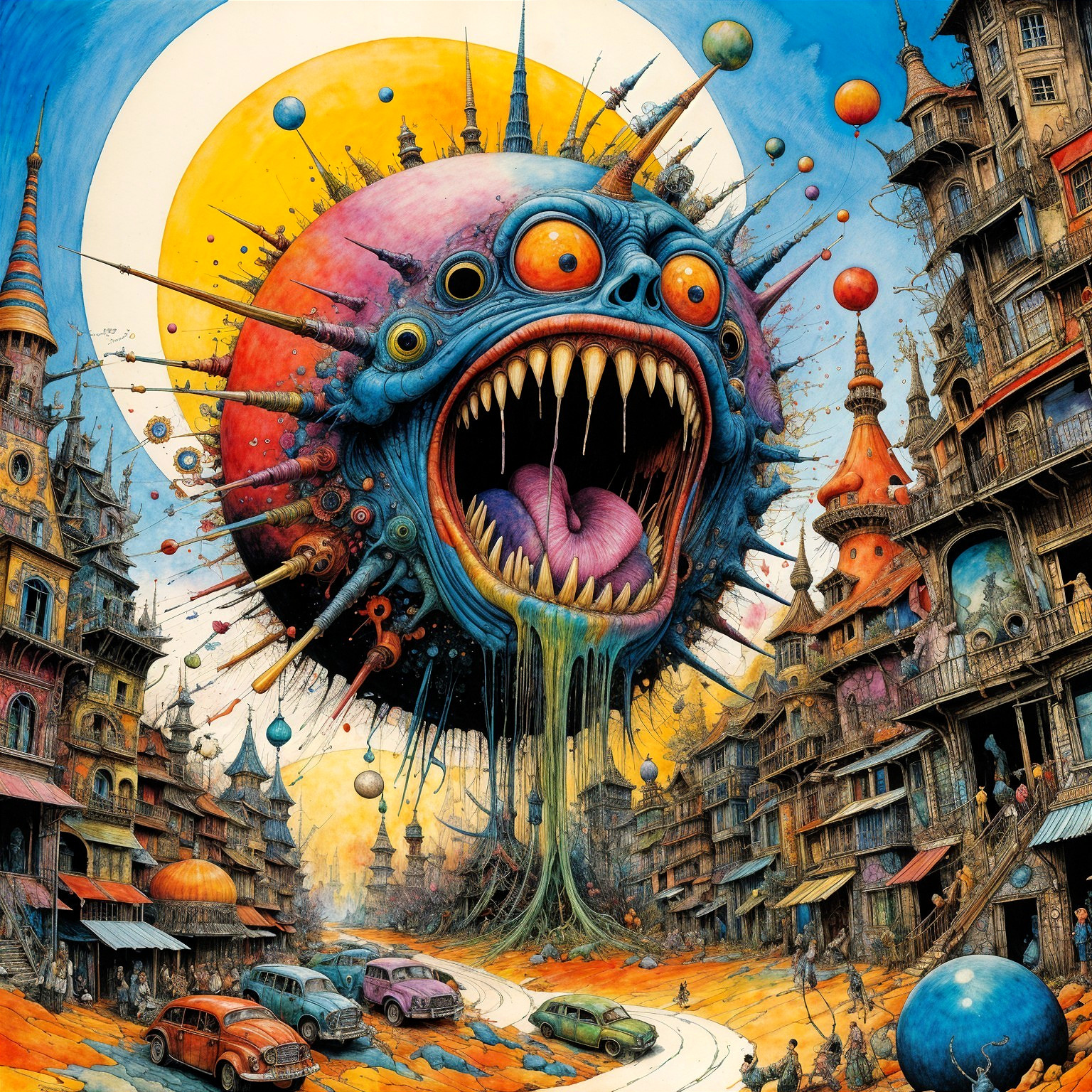 Surreal Landscape with Colorful Creature and City