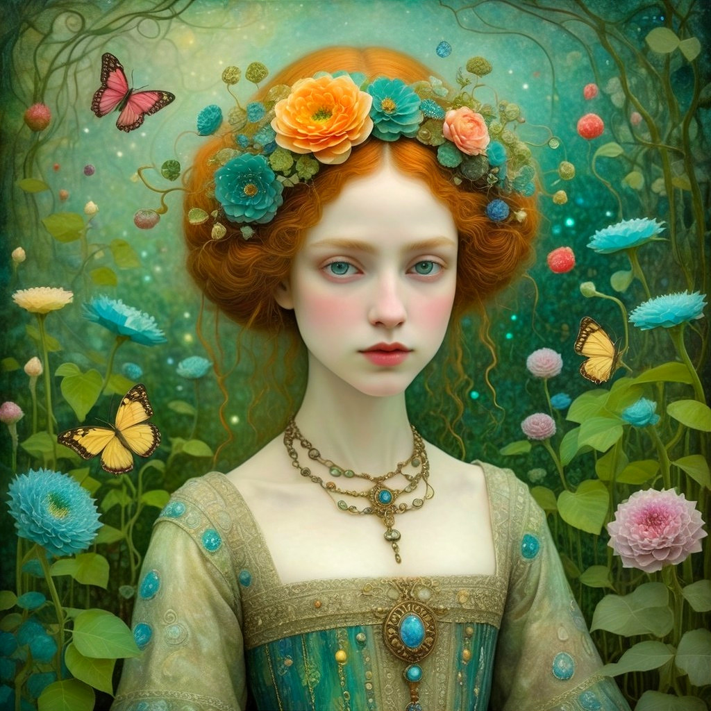 Young Woman with Red Hair in Floral Crown and Dress