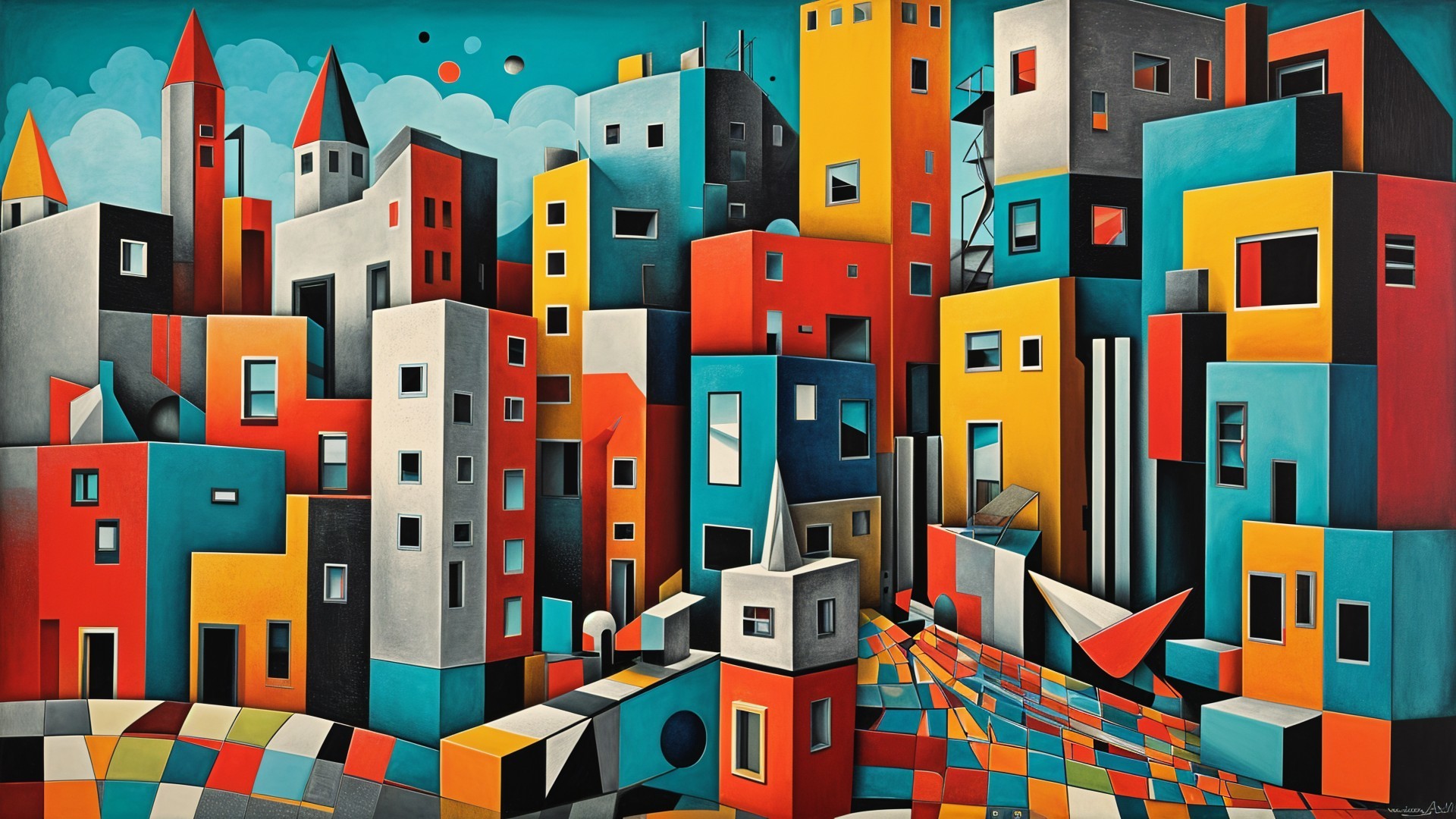 Vibrant Abstract Cityscape with Geometric Buildings