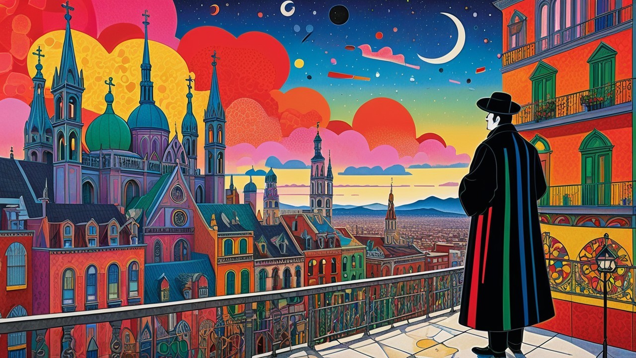 Surreal Cityscape at Sunset with Vibrant Colors