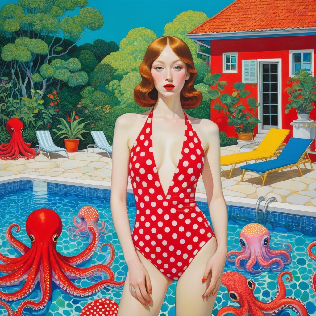 Woman in Polka-Dot Swimsuit by Colorful Pool Scene