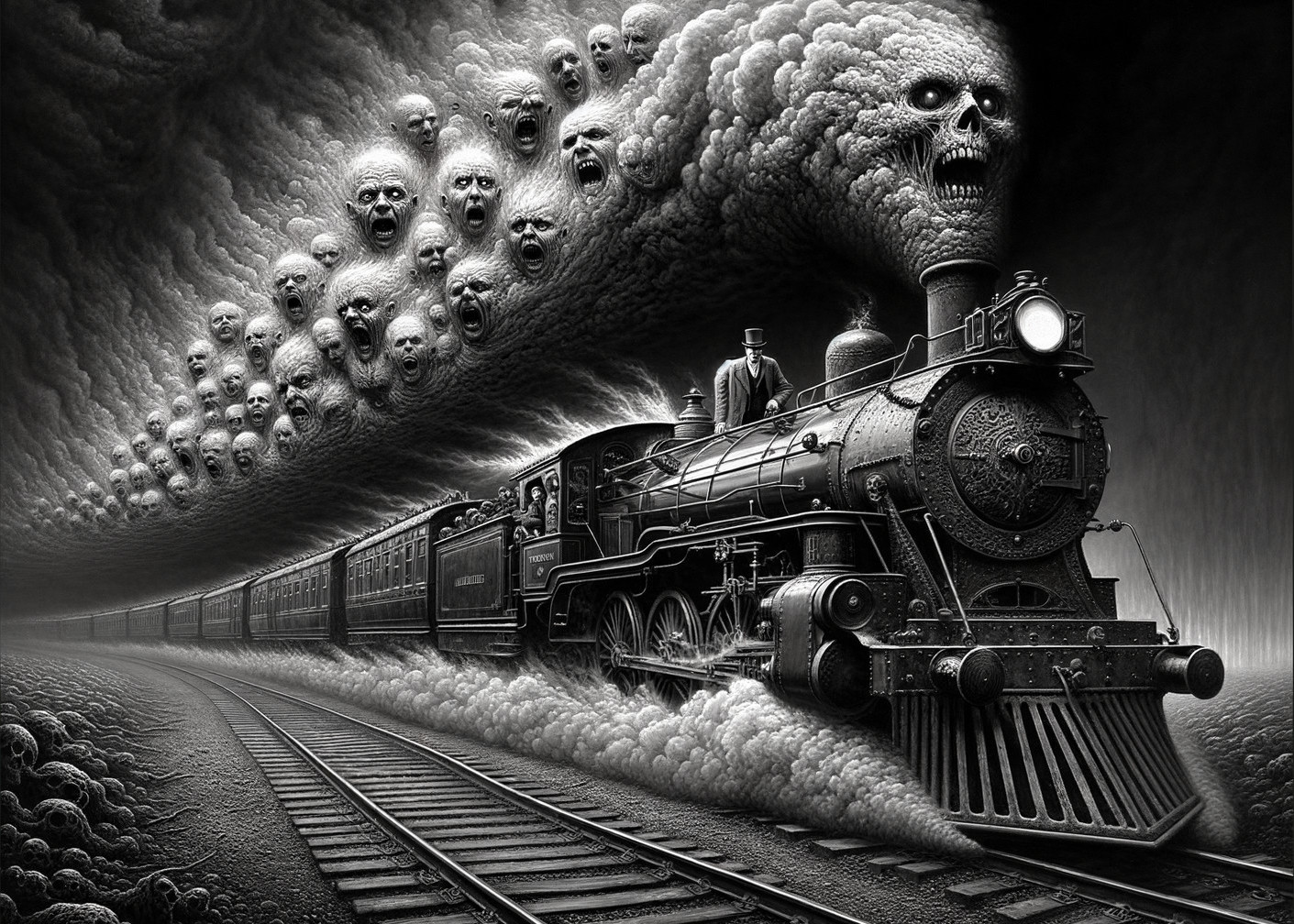 Steampunk Locomotive in Eerie Cloudy Landscape