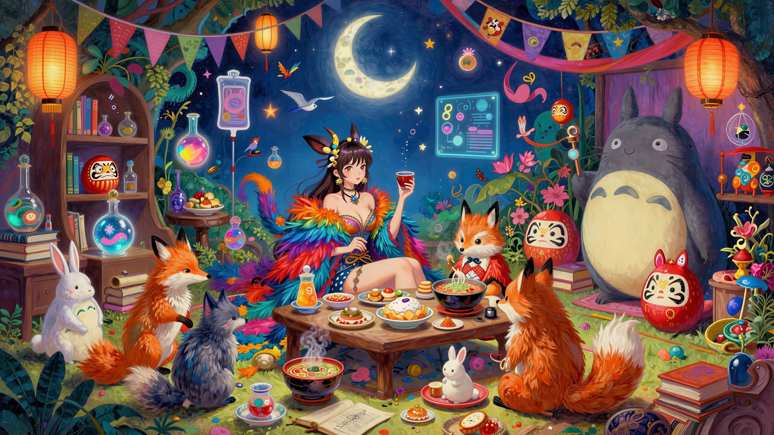 Anime-style scene with fox-eared woman and animals