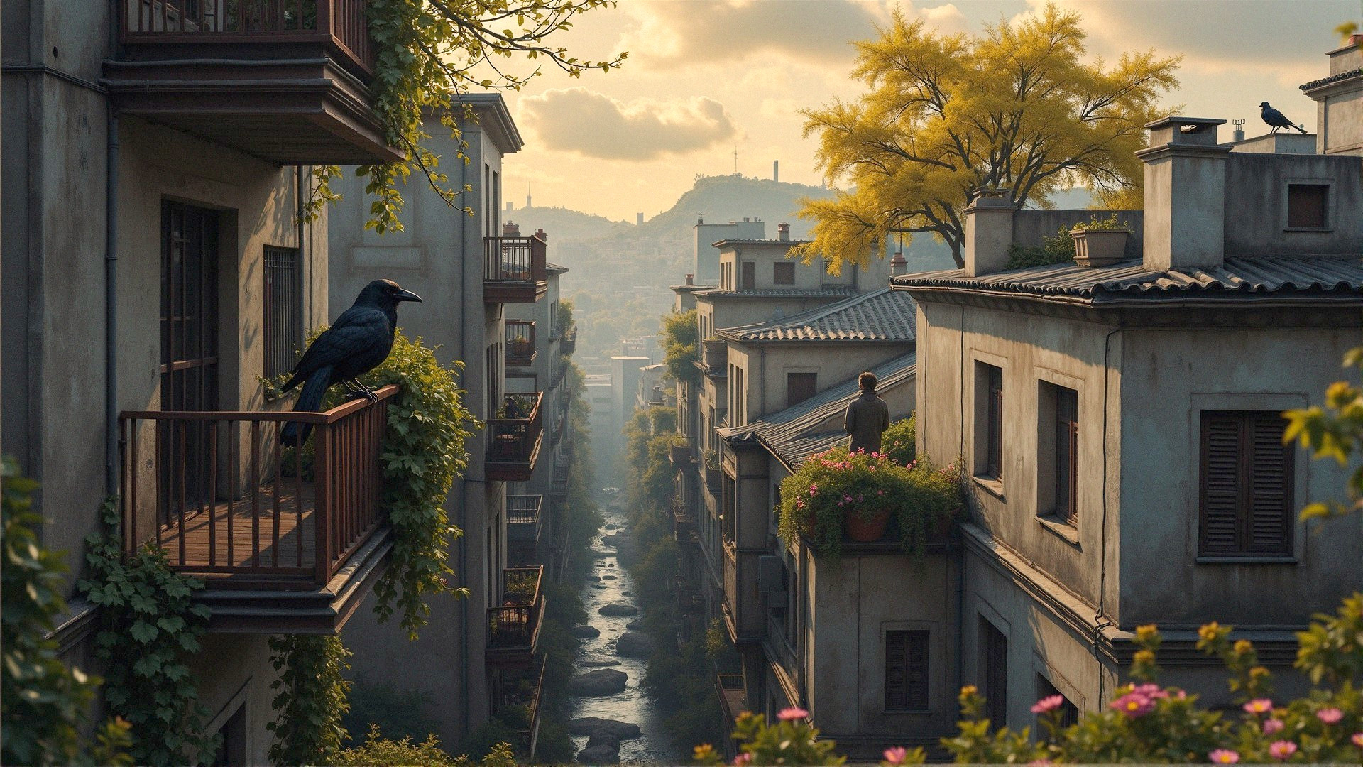 Serene Urban Landscape with Charming Balconies and Waterway