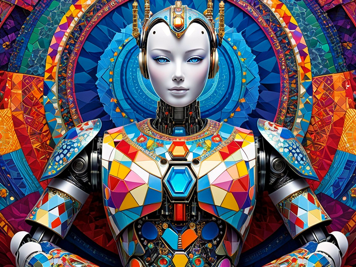 Futuristic robot with colorful mosaic patterns and mandala