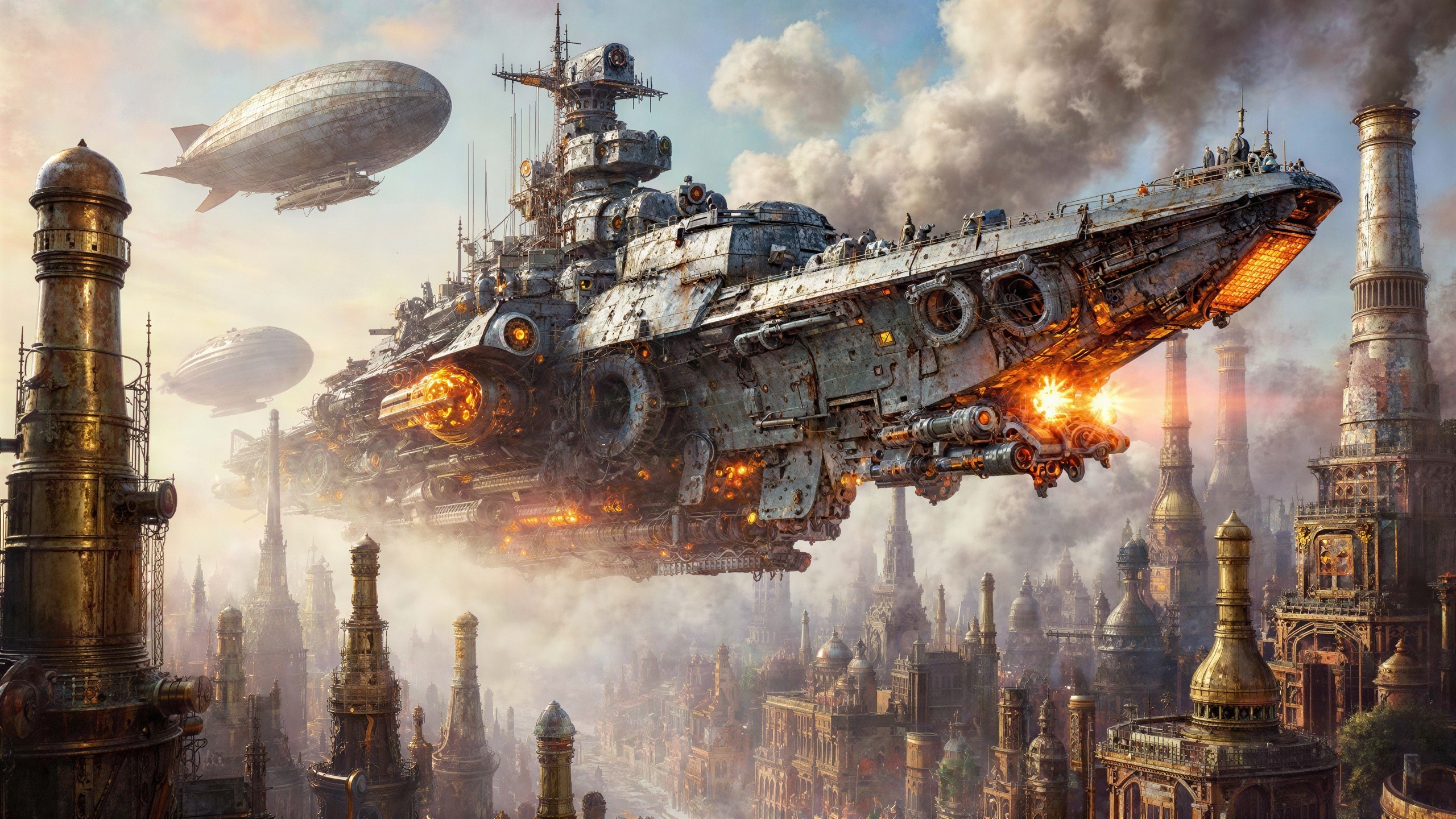 Steampunk Flying Battleship Over Industrial Cityscape