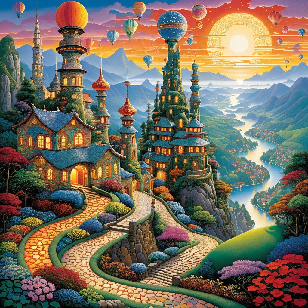 Vibrant Fantasy Landscape with Whimsical Towers and Homes
