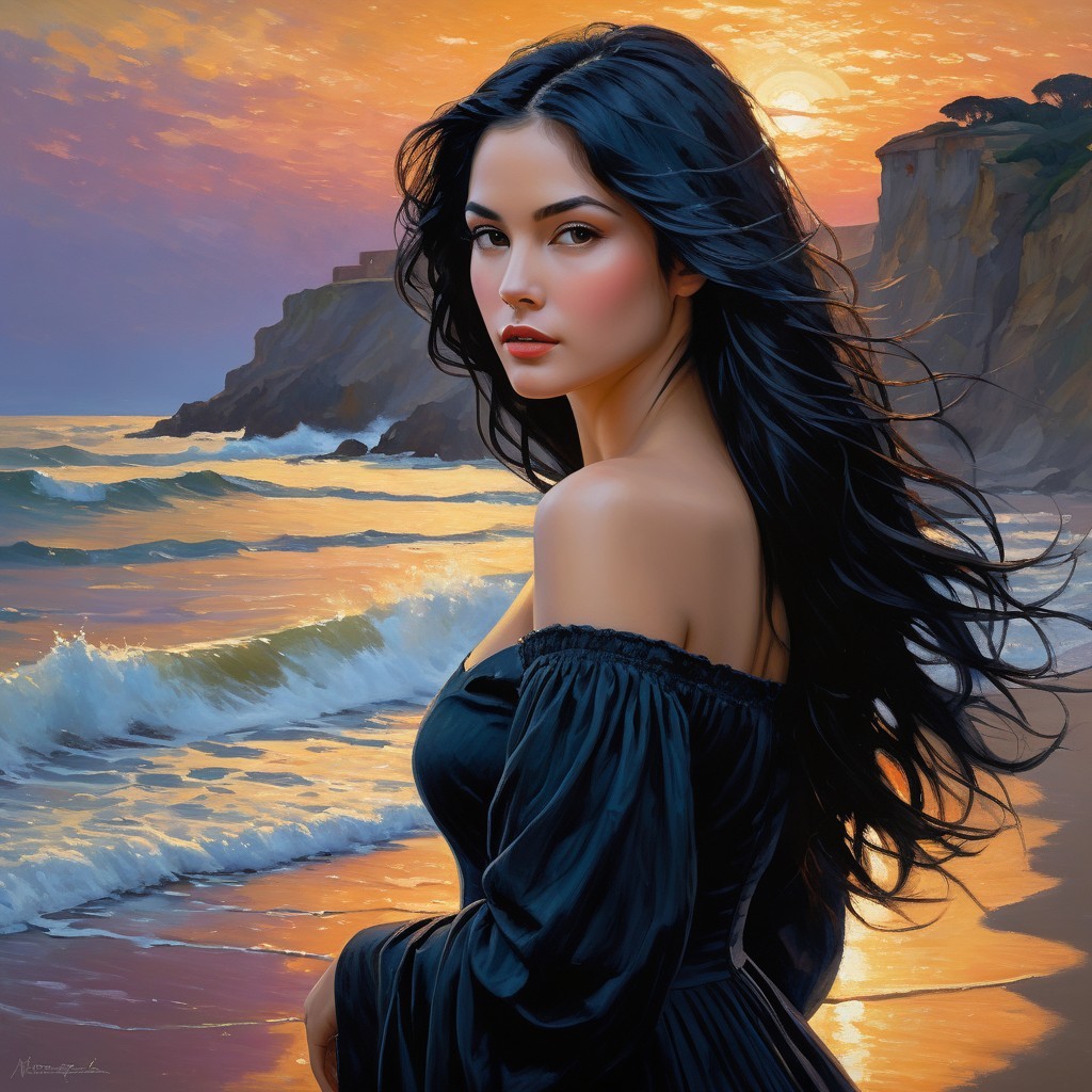 Woman in black dress at sunset on serene beach