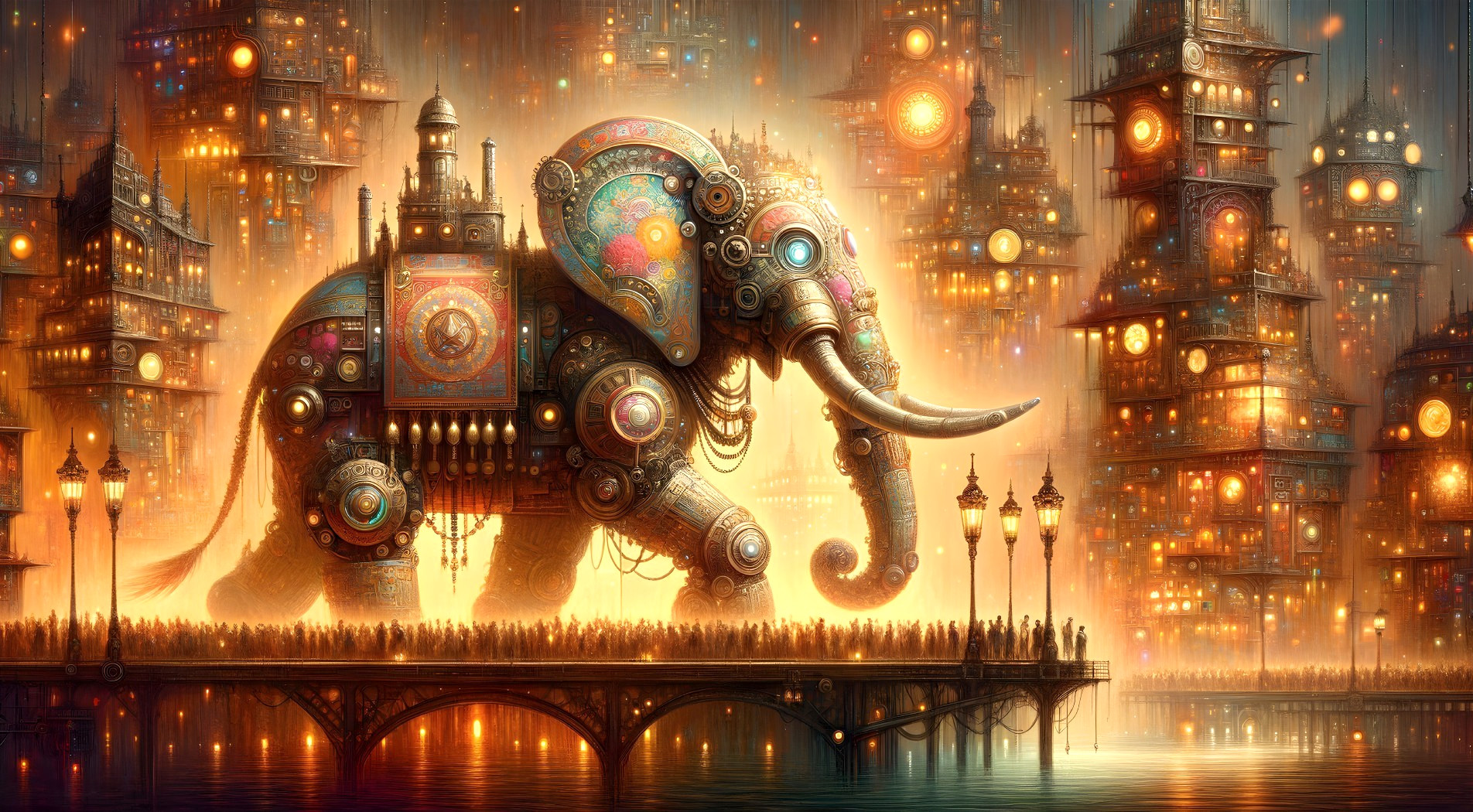 Steampunk Mechanical Elephants in Vibrant City Scenes