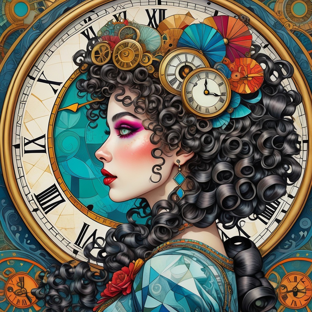 Stylized Woman with Curls and Steampunk Clock Design