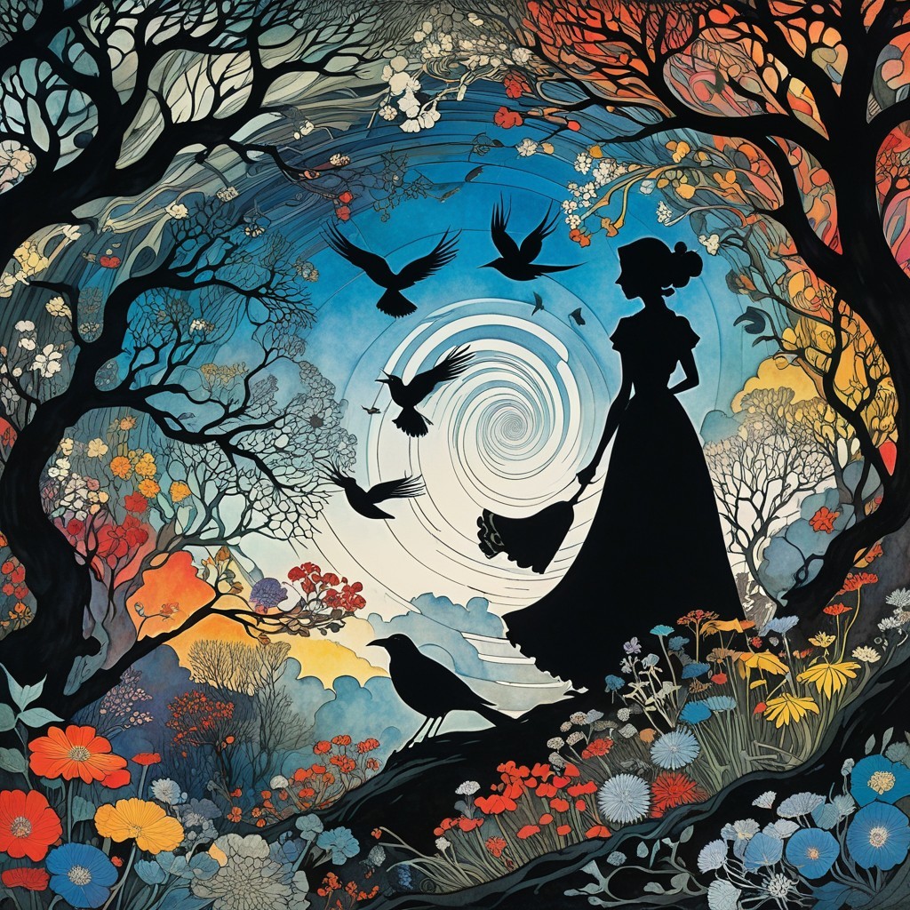 Silhouette of Woman Amidst Trees and Flowers