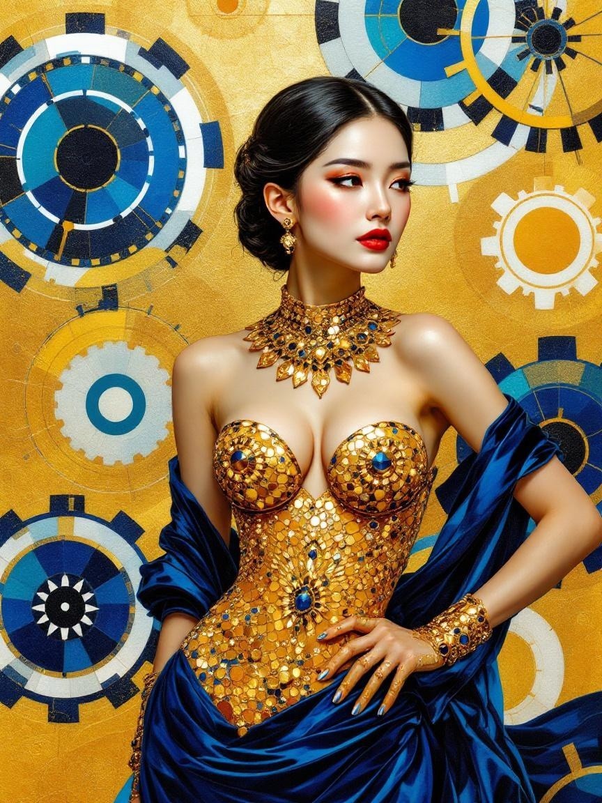 Elegant Woman in Golden Attire Against Vibrant Background