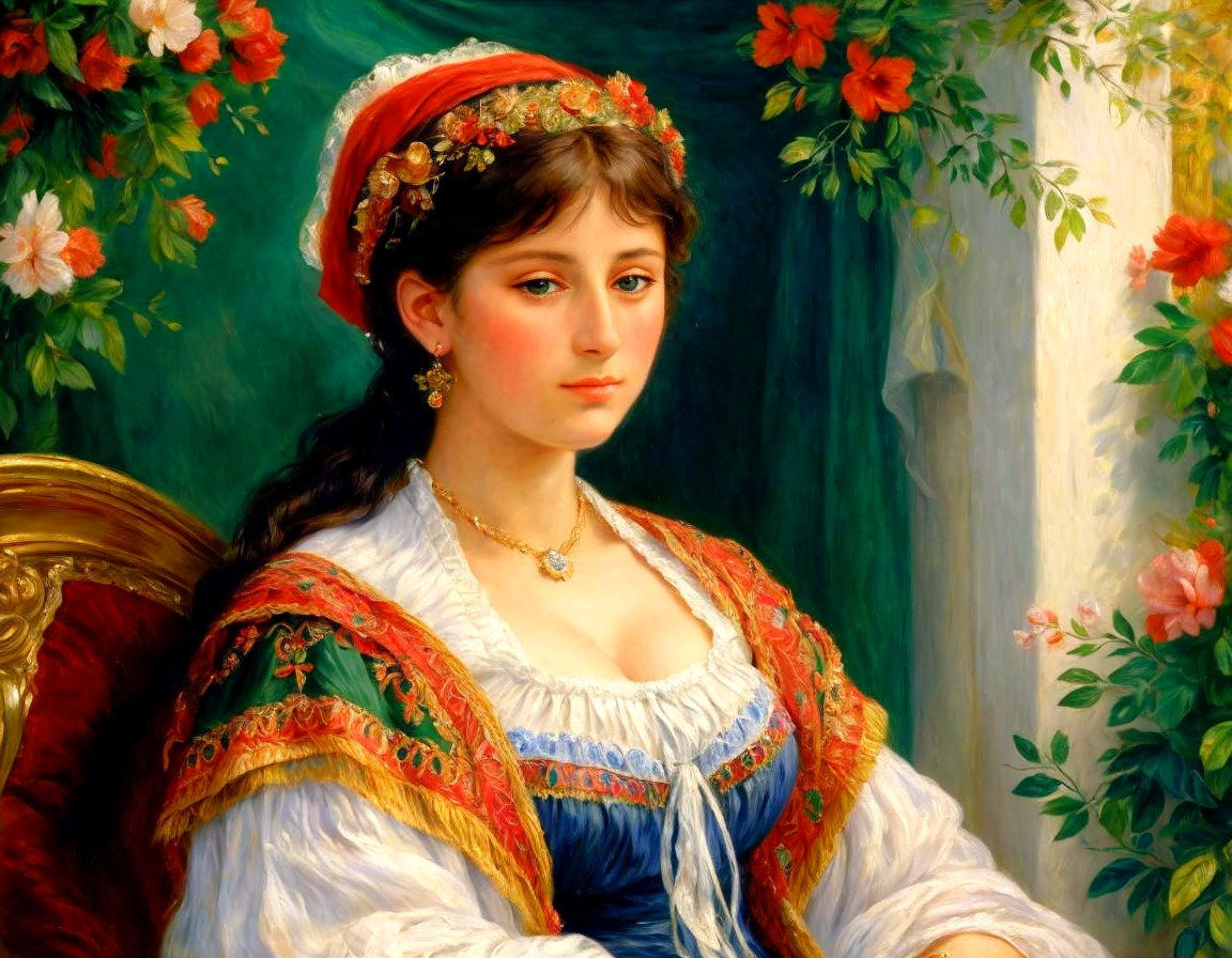 Young Woman in Traditional Attire Surrounded by Nature