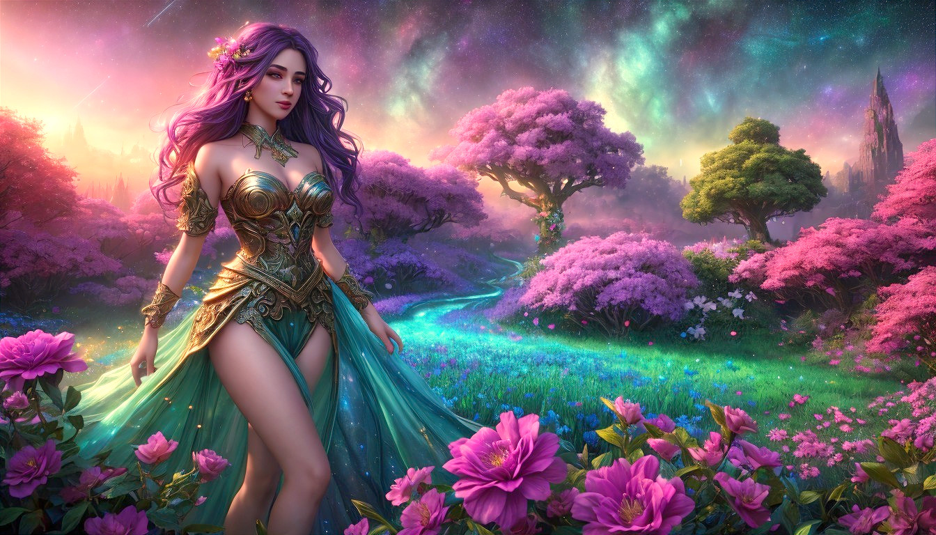 Mystical Woman in Armor Surrounded by Blossoms and Castle