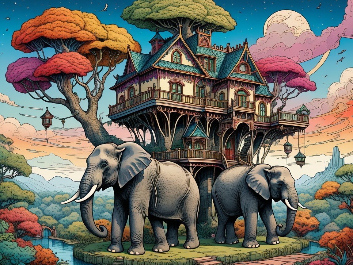 Whimsical Treehouse with Elephants and Vibrant Landscape