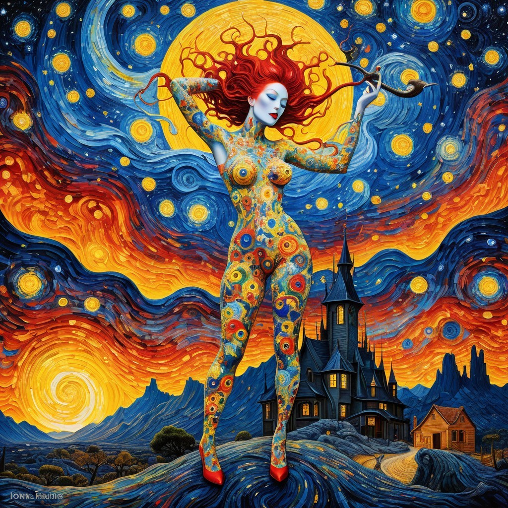 Surreal Scene with Flowing Red Hair and Colorful Landscape