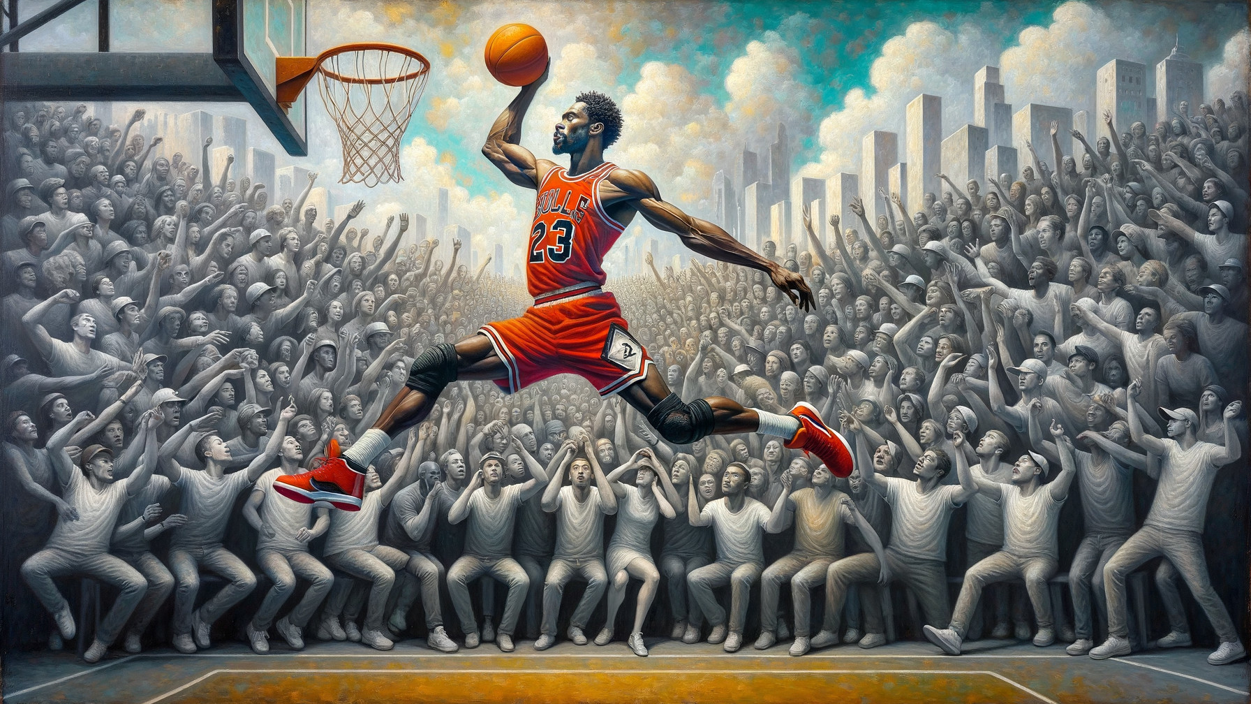 Basketball Player Slam Dunk with City Skyline Backdrop