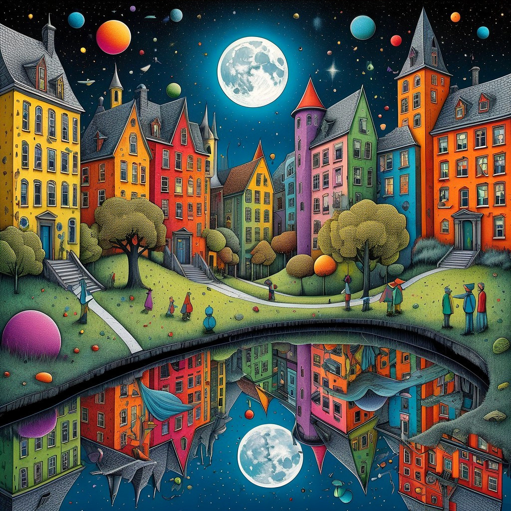 Colorful Geometric Houses by a Serene River Scene