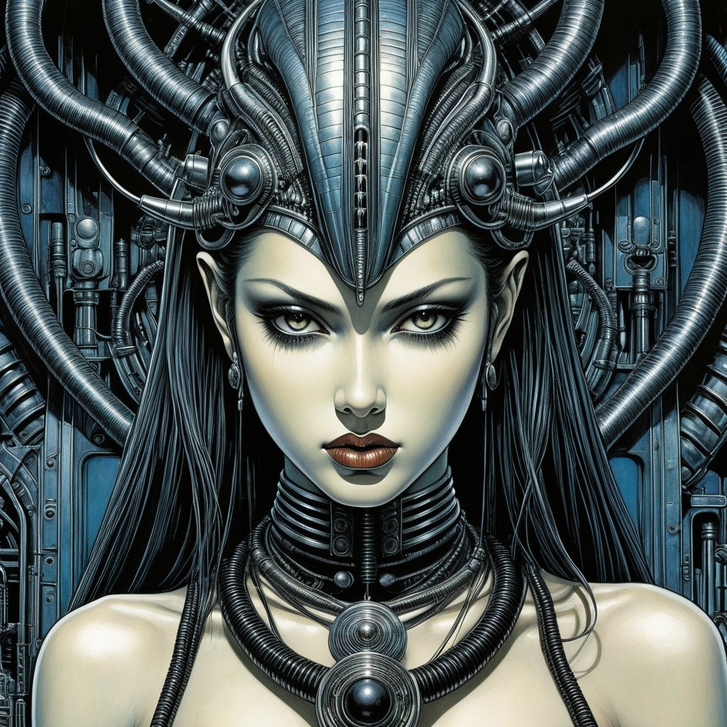 Futuristic woman with metallic headdress and circuits