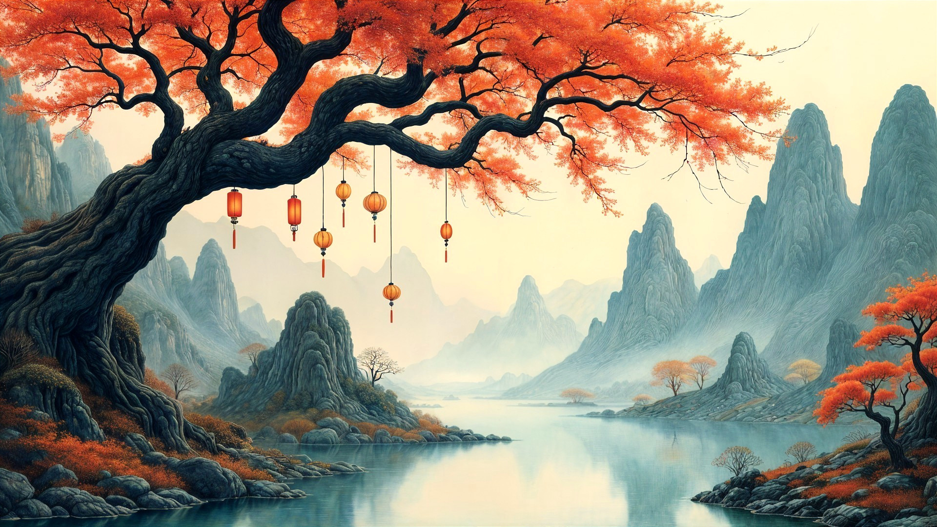 Serene Landscape with Majestic Tree and Lanterns