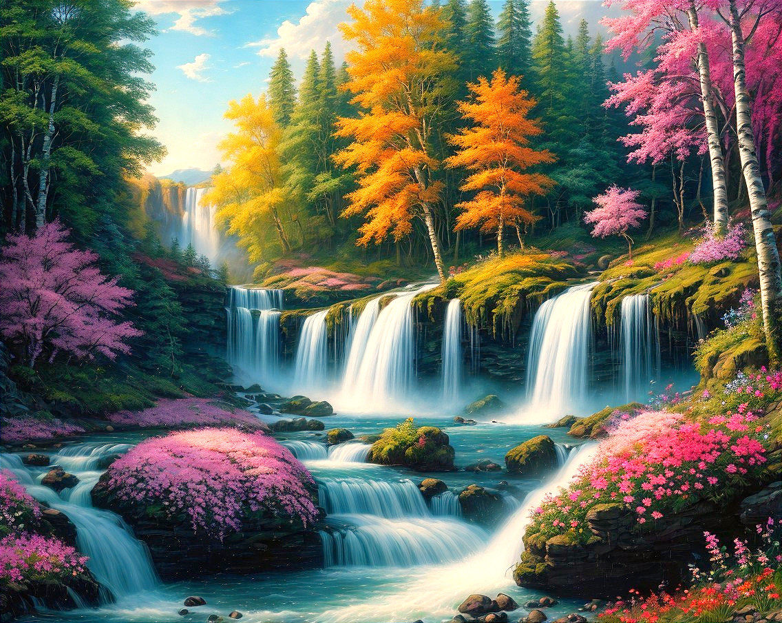 Cascading Waterfalls in a Vibrant Green Landscape