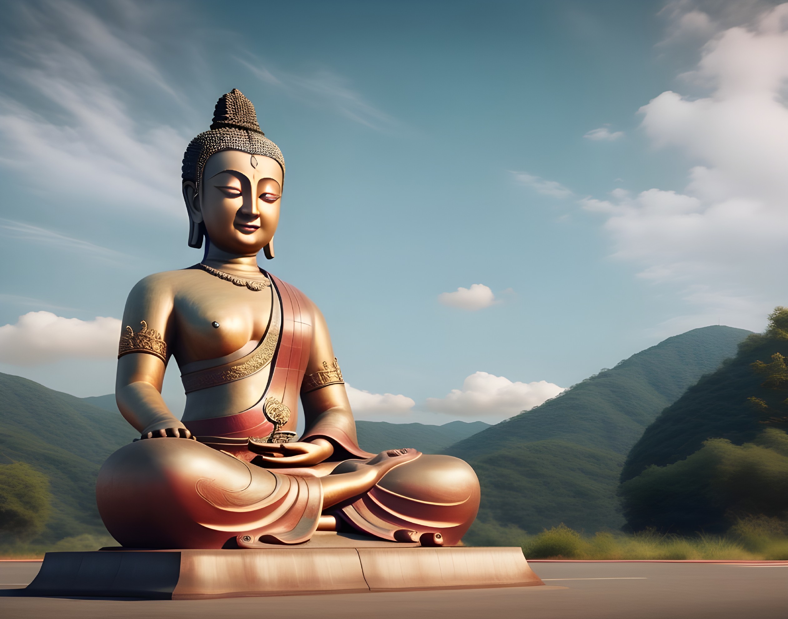 Golden Buddha Statue Meditating in Mountain Landscape