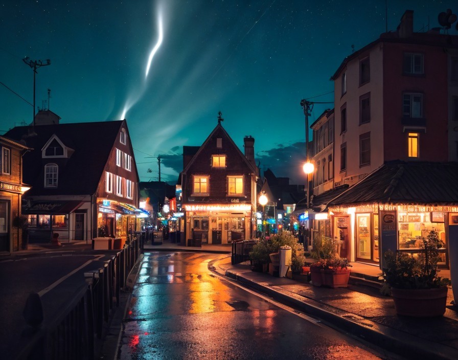 Charming Night Street Scene with Glowing Shop Lights