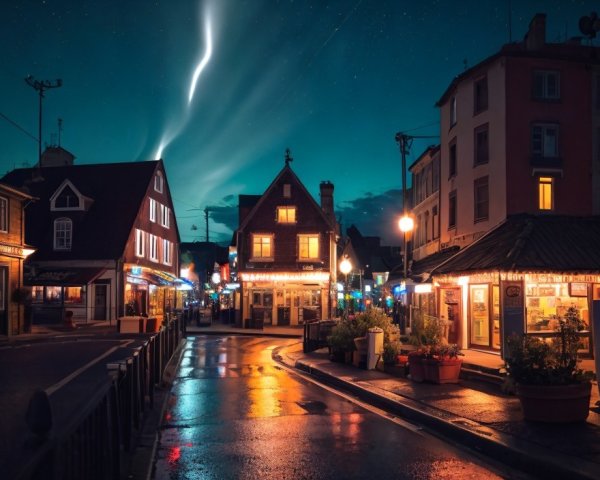 Charming Night Street Scene with Glowing Shop Lights