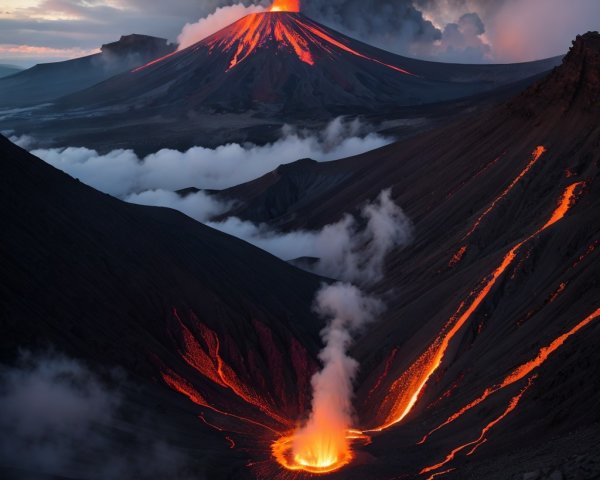 Volcano Eruption at Twilight with Lava and Ash Plume