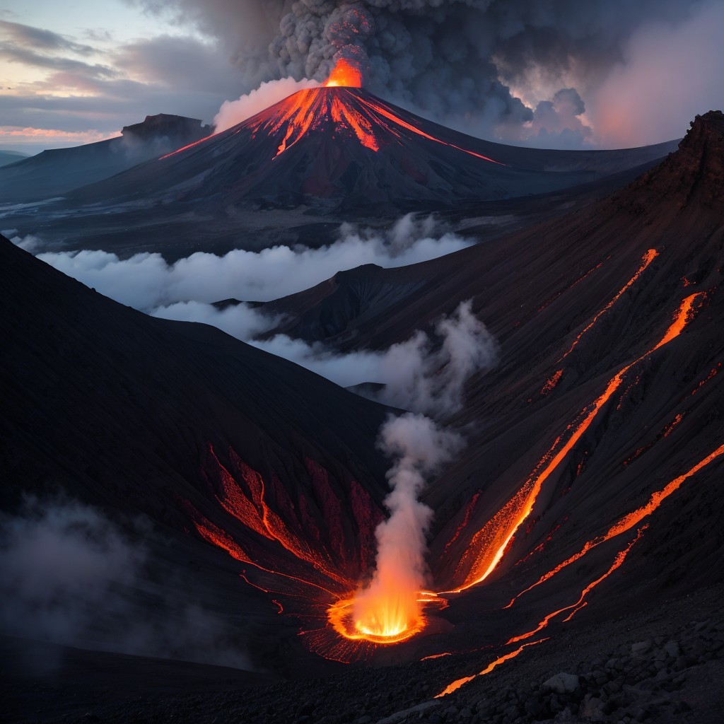Volcano Eruption at Twilight with Lava and Ash Plume
