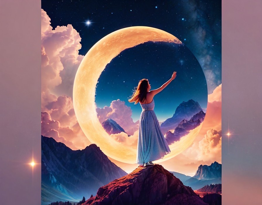 Woman in Blue Dress on Mountain Peak Under Moon