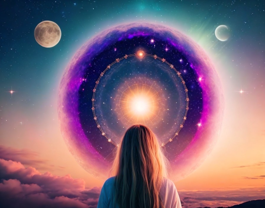 Surreal Cosmic Scene with Purple Planet and Moons