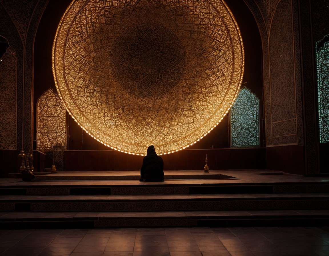 Silhouette in Mosque Facing Ornate Mihrab Illumination