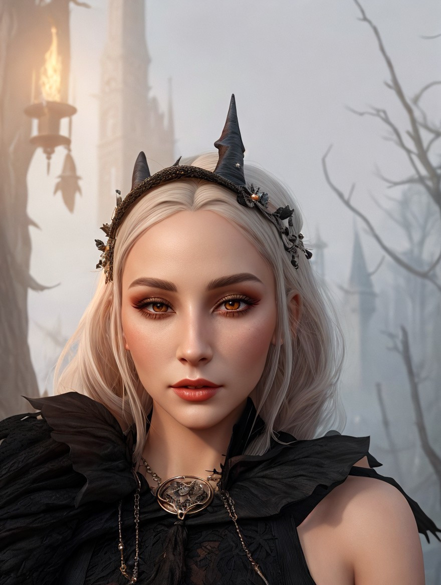 Digital artwork of a woman with orange eyes and horns