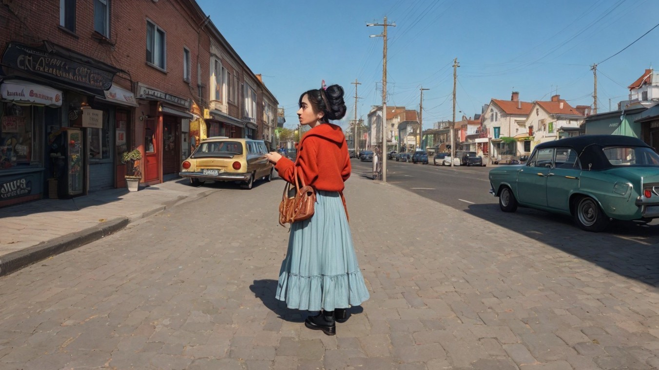 Vintage Woman at Quaint Town Crossroads with Retro Cars