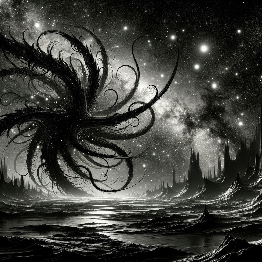 Surreal Cosmic Scene with Monochrome Tendrils