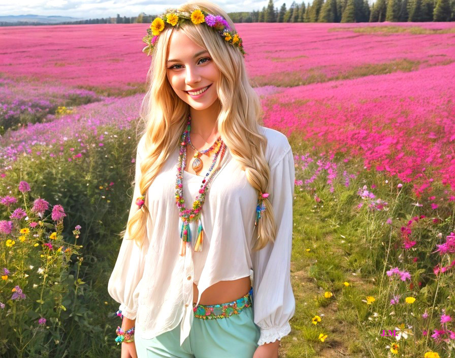 Young woman in vibrant field of pink flowers